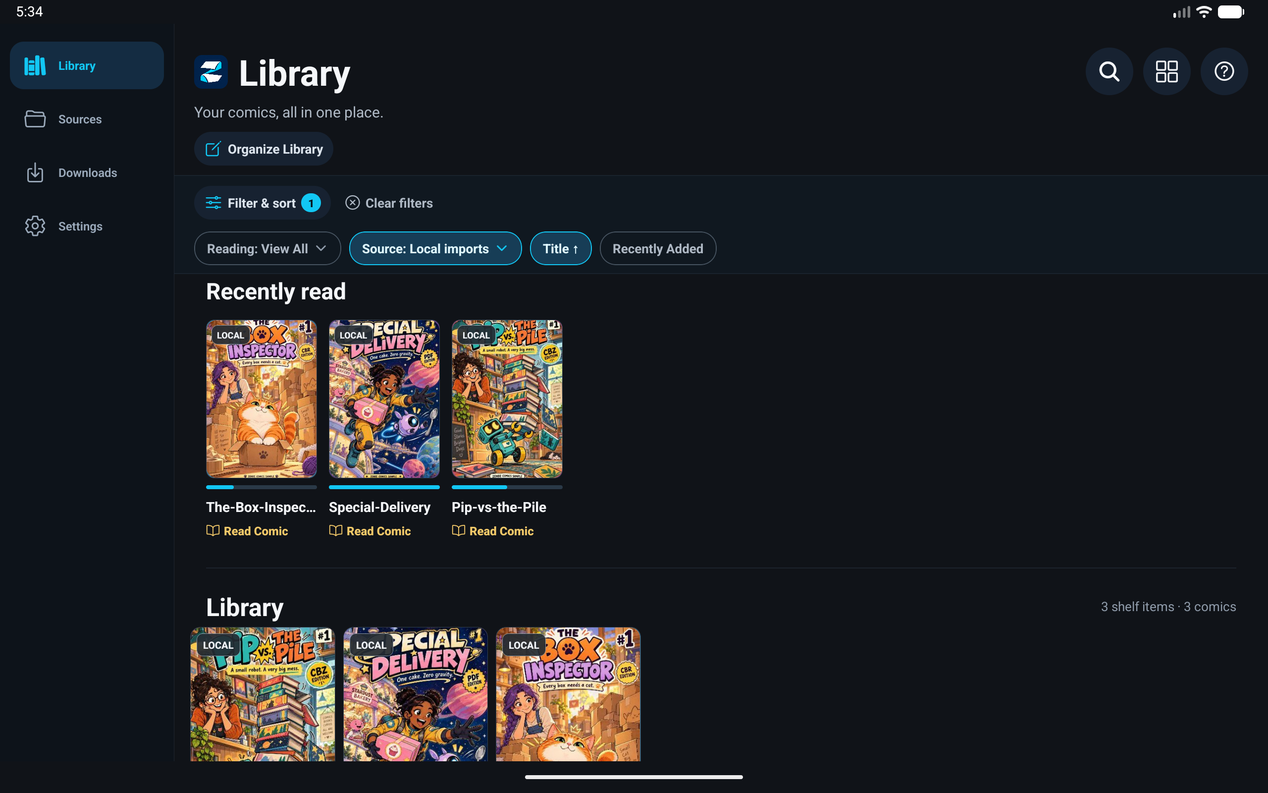 Zendz Comics library with recently read titles and library controls