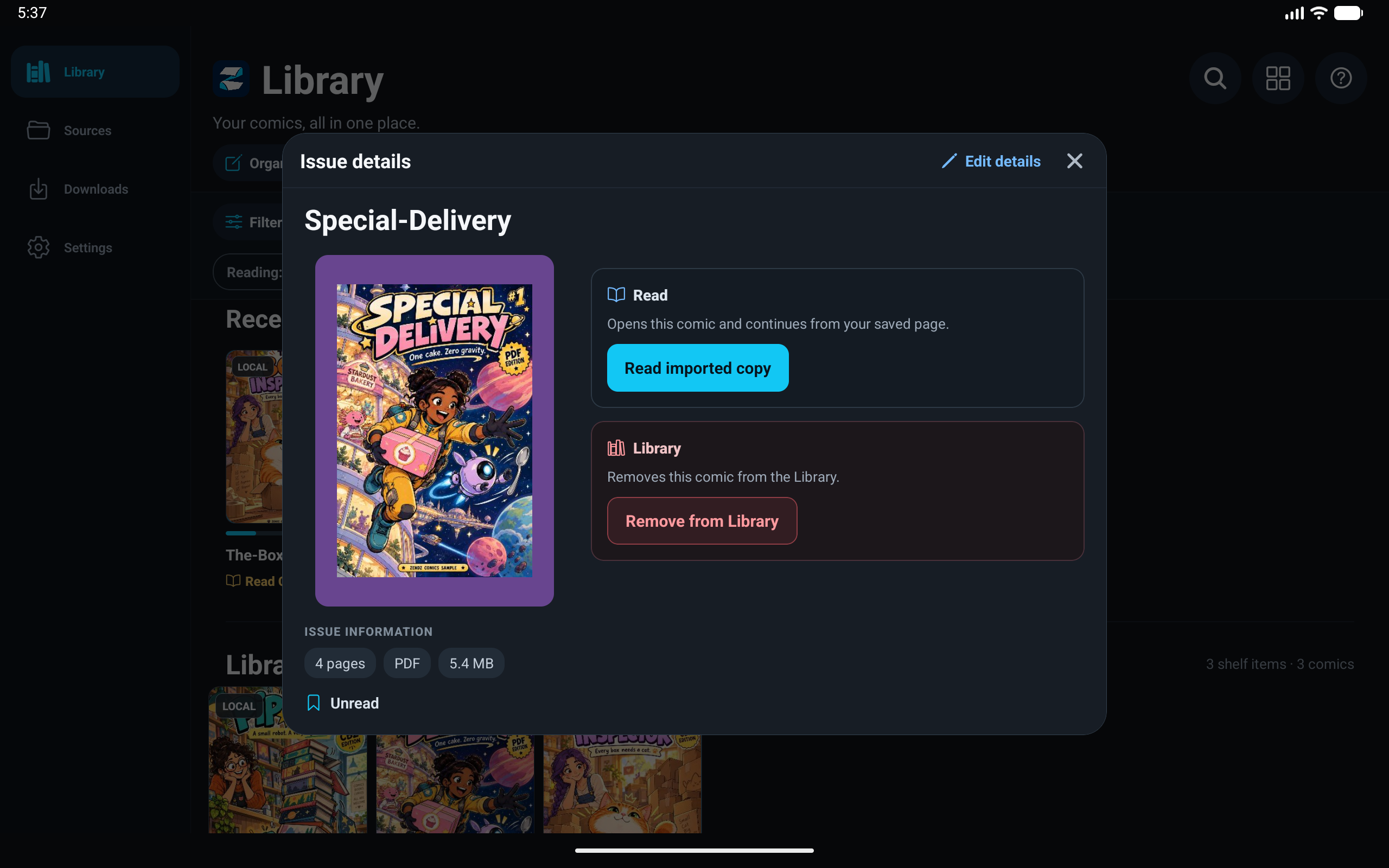 Issue details and reading controls in Zendz Comics