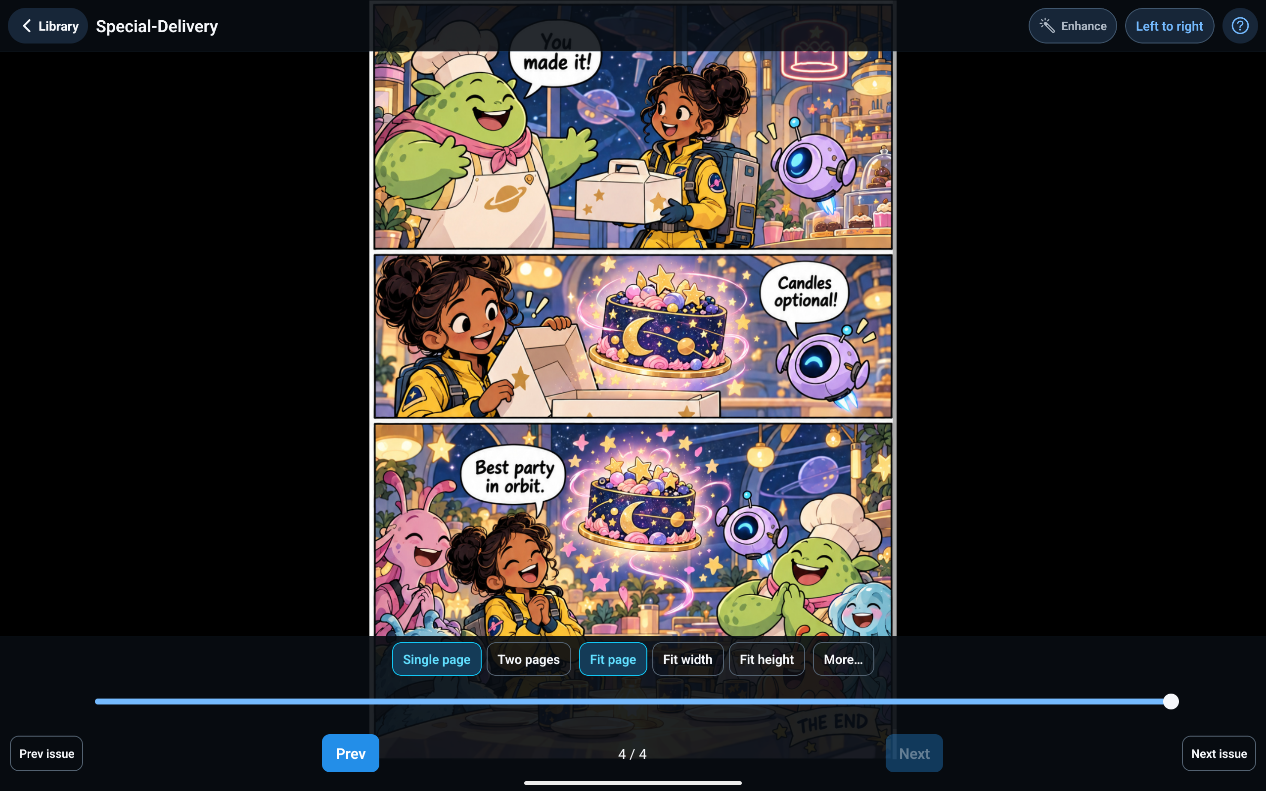 Zendz Comics reader with page layout and navigation controls visible