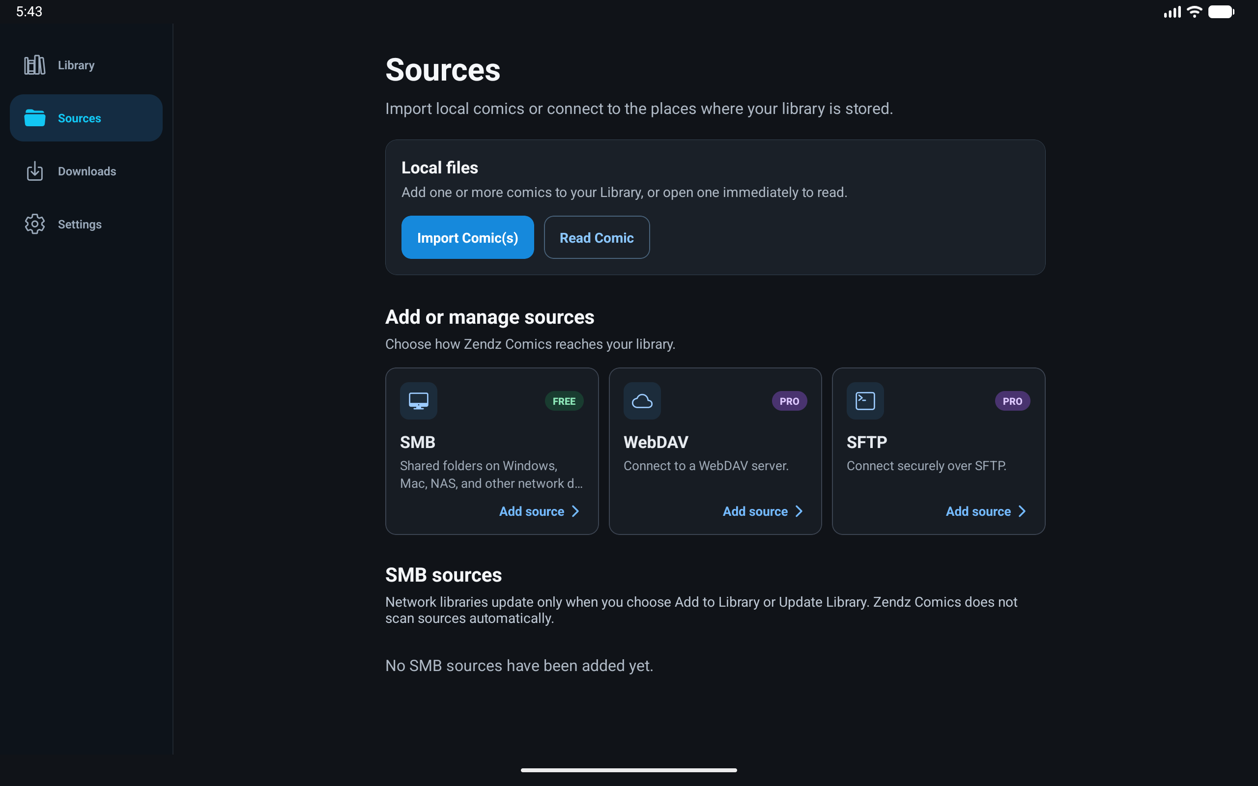 Zendz Comics source options for local files and network storage